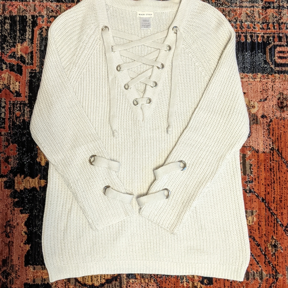 Cream lace-up v neck sweater